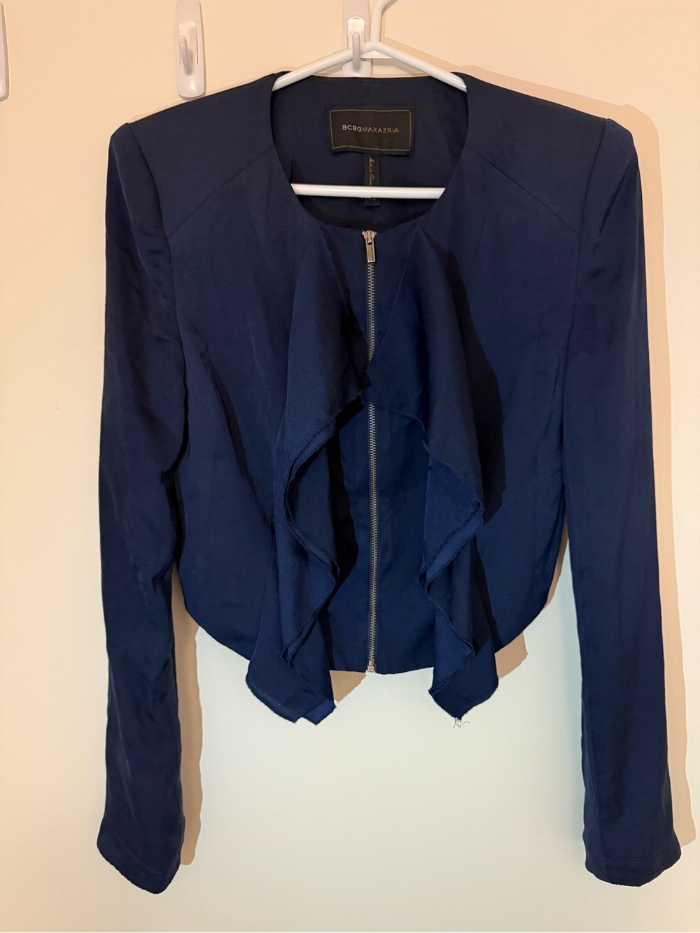 BCBGMaxAzria Navy Ruffle-Front Zip Blazer